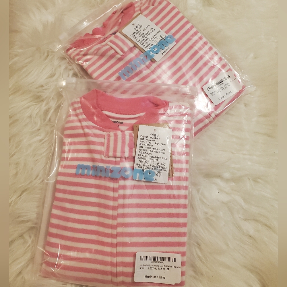 Set of 2, Minizone Footed PJs - pink & white stripe